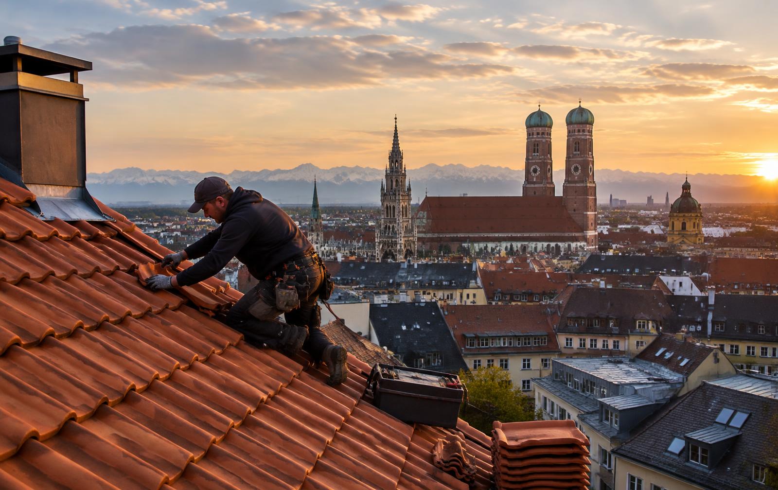 Dachdecker auf einem Ziegeldach in München